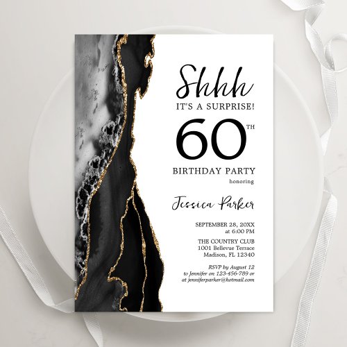 Black Agate White Gold Surprise 60th Birthday Invitation