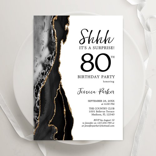 Black Agate White Gold Surprise 80th Birthday Invitation