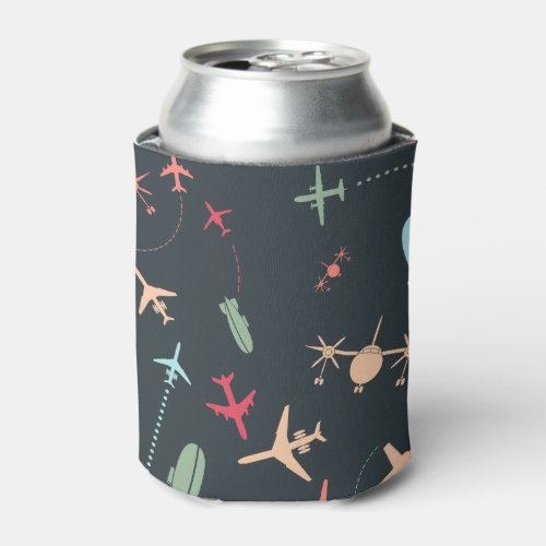 Black Airplane and Aviation Pattern Can Cooler