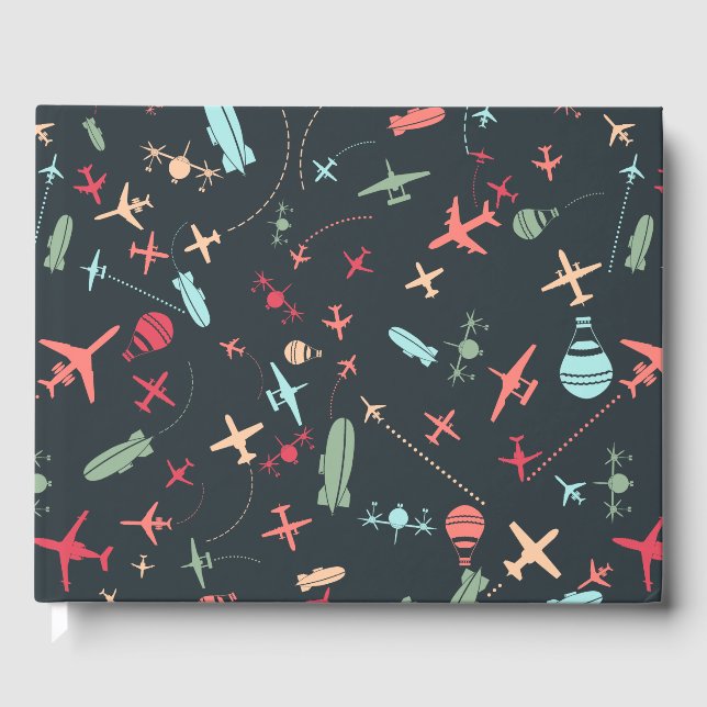 Black Airplane and Aviation Pattern Guest Book (Front)