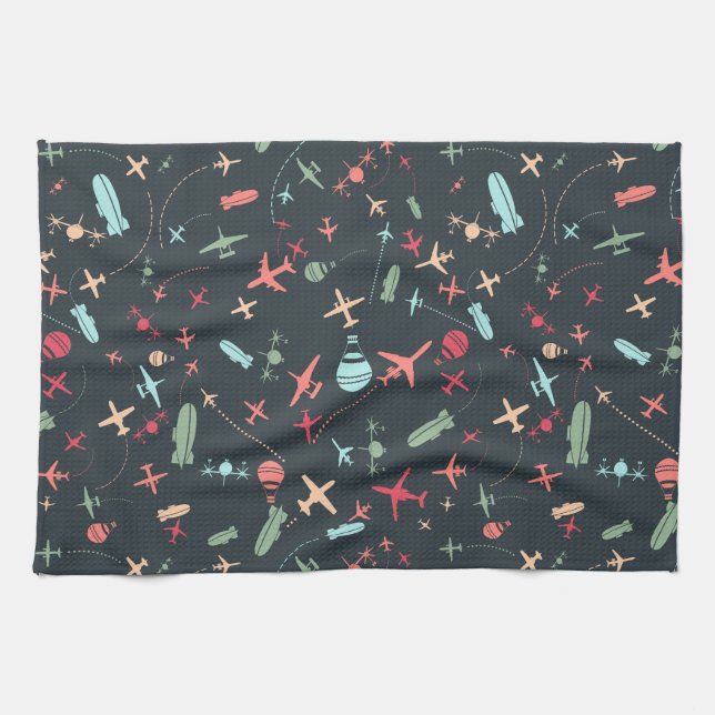 Black Airplane and Aviation Pattern Kitchen Towel (Horizontal)