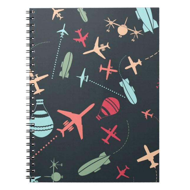 Black Airplane and Aviation Pattern Notebook (Front)