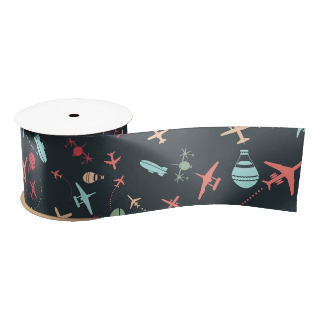 Black Airplane and Aviation Pattern Satin Ribbon (Spool)
