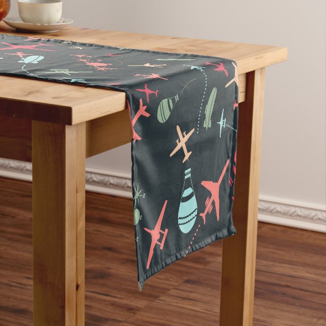 Black Airplane and Aviation Pattern Short Table Runner (In Situ)
