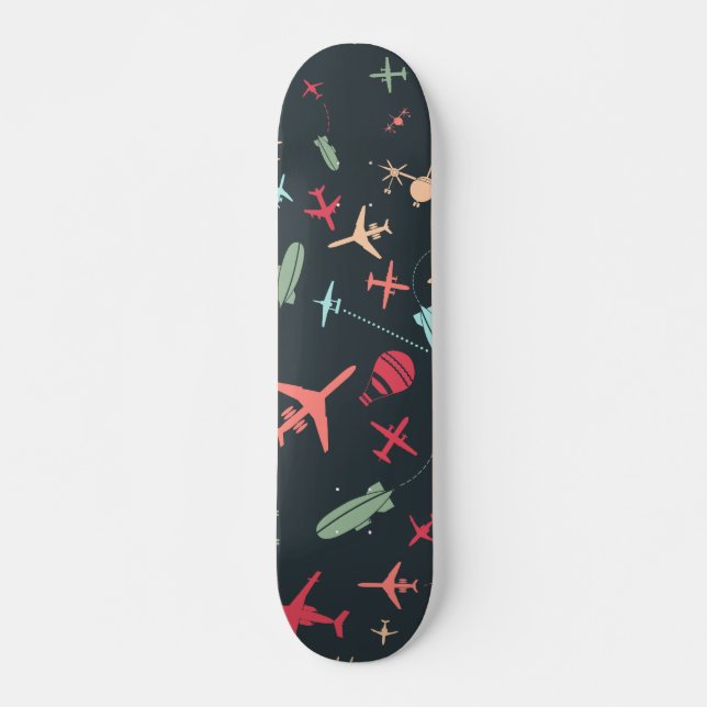 Black Airplane and Aviation Pattern Skateboard (Front)