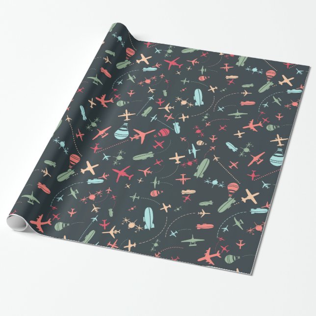 Black Airplane and Aviation Pattern Wrapping Paper (Unrolled)