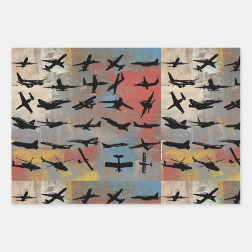 Black airplane silhouettes wrapping paper sheets
