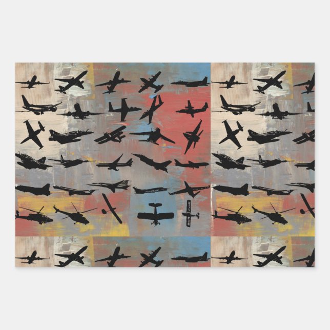 Black airplane silhouettes wrapping paper sheets (Front)