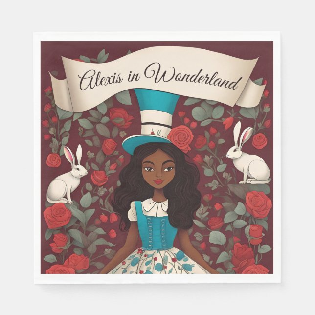 Black Alice Wonderland Roses Hat Napkins (Front)