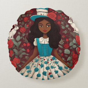 Black Alice Wonderland Roses Hat Round Pillow
