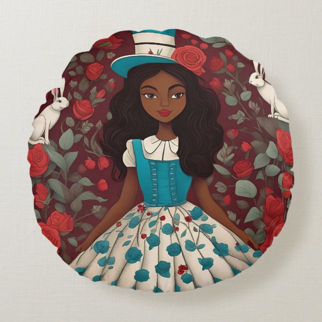 Black Alice Wonderland Roses Hat Round Pillow (Front)