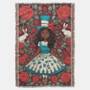 Black Alice Wonderland Roses Hat Throw Blanket