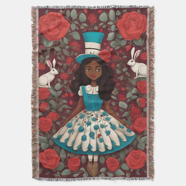 Black Alice Wonderland Roses Hat Throw Blanket (Front Vertical)