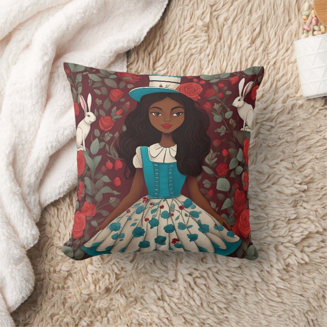 Black Alice Wonderland Roses Hat Throw Pillow (Blanket)