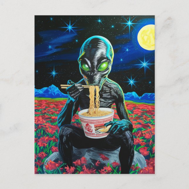 Black Alien Green Eyes Eating Noodles in Flowers Postcard (Front)