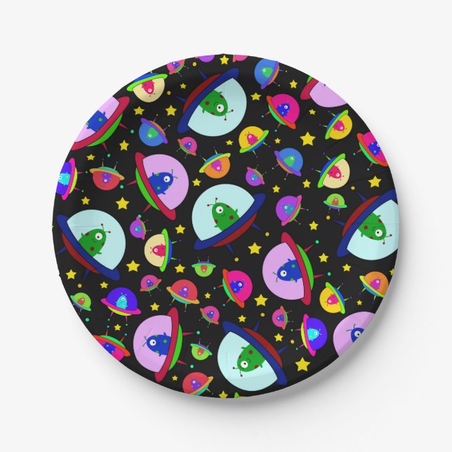 Black alien spaceship pattern paper plates (Front)