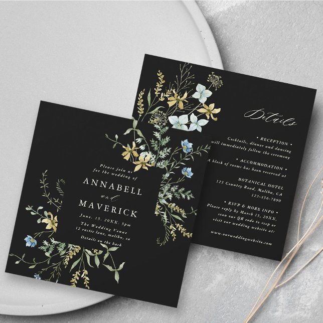 Black All In One Delicate Wildflower Boho Wedding Invitation (Front & Back)