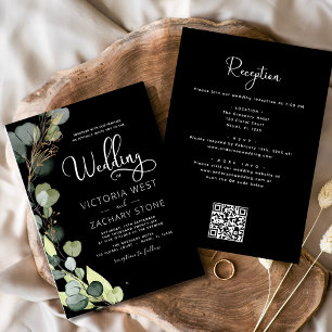 Black All in One Eucalyptus QR Code Wedding Invitation