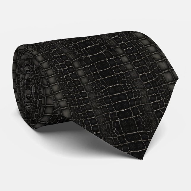 Black Alligator Crocodile Dragon Snake Leather  Neck Tie (Rolled)