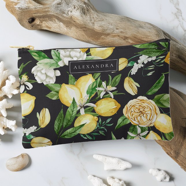 Black | Amalfi Coast Lemon Blossom Personalized Accessory Pouch (Creator Uploaded)