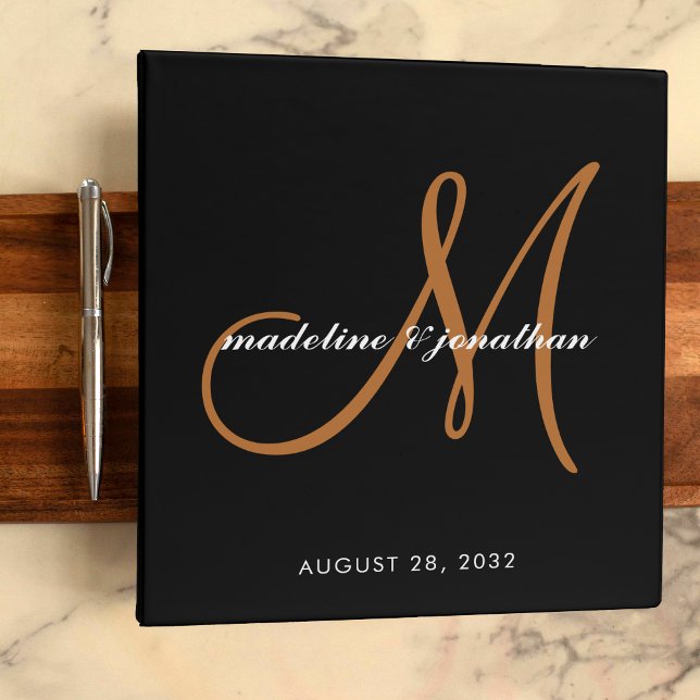 Black Amber Haze Script Monogram Wedding Album 3 Ring Binder (Creator Uploaded)