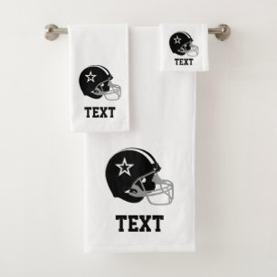 Black American Football Helmet & Text on White Bath Towel Set