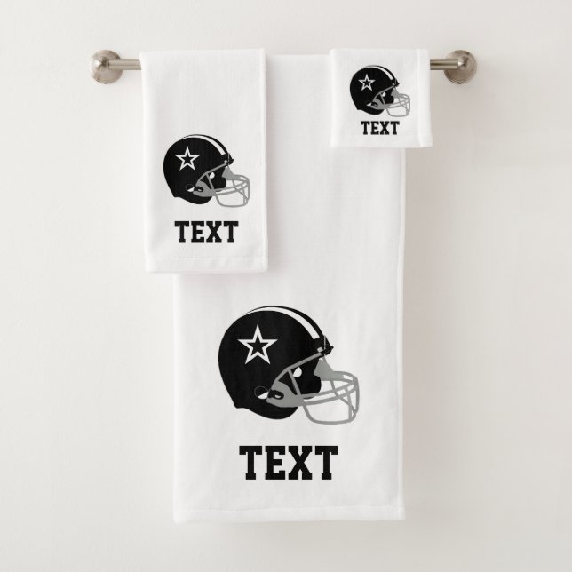 Black American Football Helmet & Text on White Bath Towel Set (Insitu)