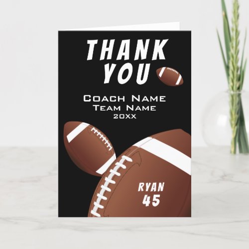 Black American Football Thank you Coach Card - Black American Football Thank you Coach Card. Football thank you coach card with coach name, team name, year, player`s name and number. Great thank you card for the football team coach!