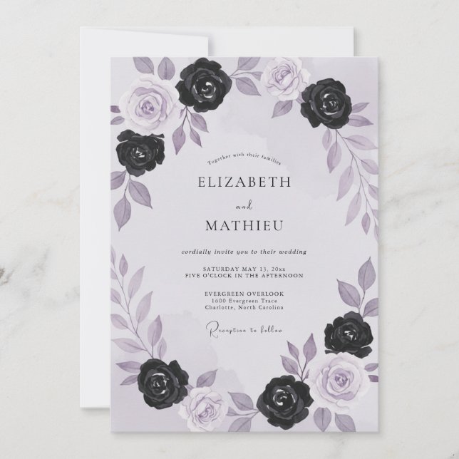 Black Amethyst Roses Wedding Invitation (Front)