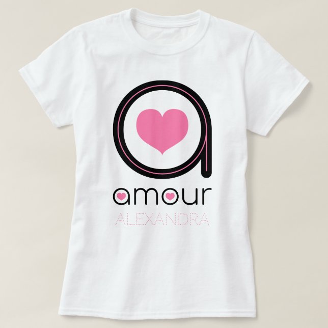 Black Amour Love, Pink Heart, Name Customized T-Shirt (Design Front)
