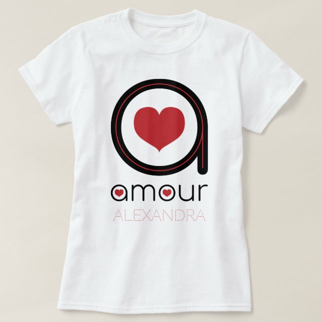 Black Amour Love, Red Heart, Name Customized T-Shirt (Design Front)