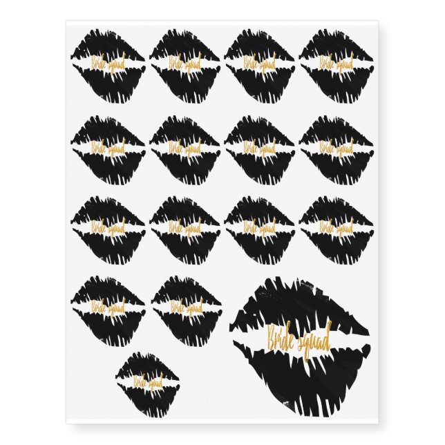 Black an Gold Bride squad kiss Goth Temporary Tattoos (Front)