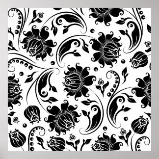 Black an white floral damask poster