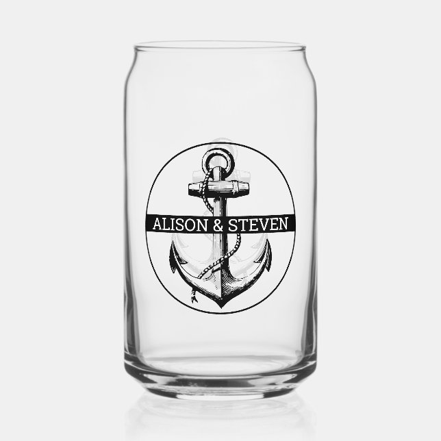 Black anchor and names nautical wedding  can glass (Front)
