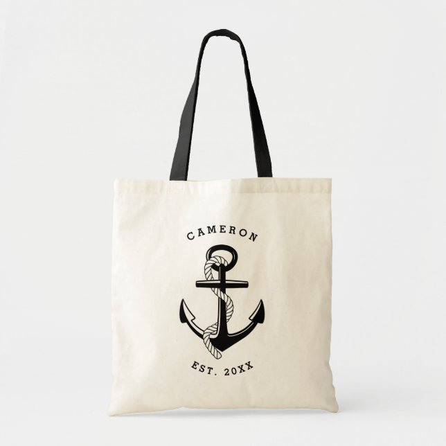 Black Anchor Nautical Personalized Tote Bag (Front)