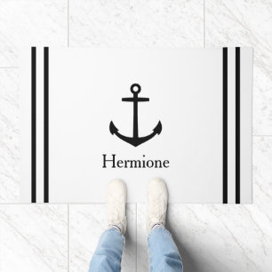 Black Anchor Personalized White Nautical Doormat