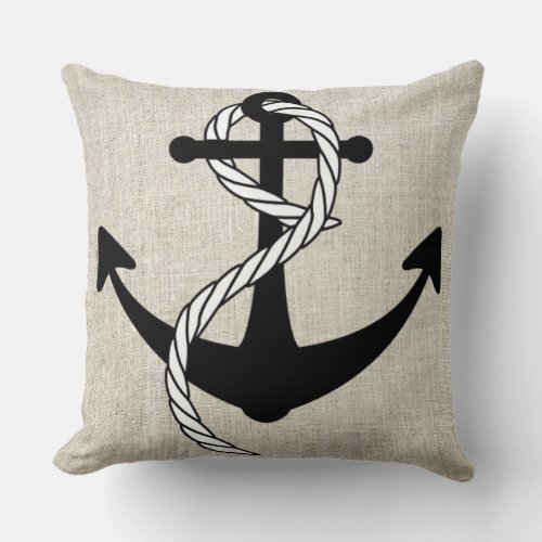 Black Anchor with rope Linen Burlap Throw Pillow