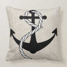 Black Anchor with rope Linen Burlap Throw Pillow