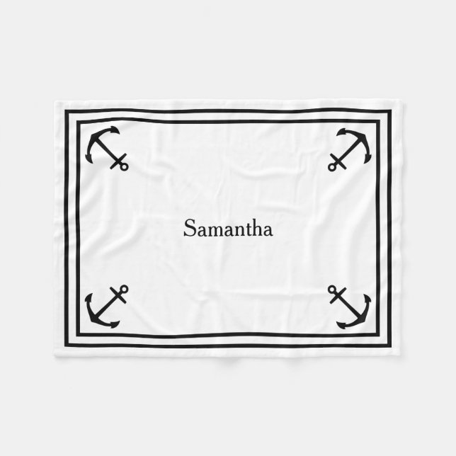 Black Anchors on White Personalized Fleece Blanket (Front (Horizontal))