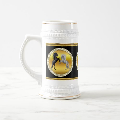 Black and a white Horse that are fighting Beer Stein