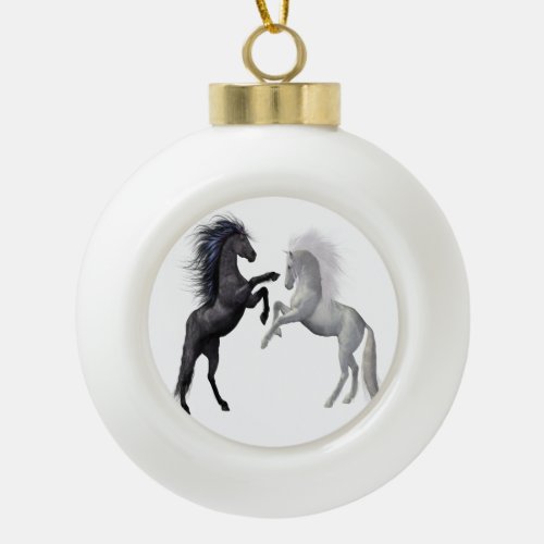 Black and a white Horse that are fighting Ceramic Ball Christmas Ornament