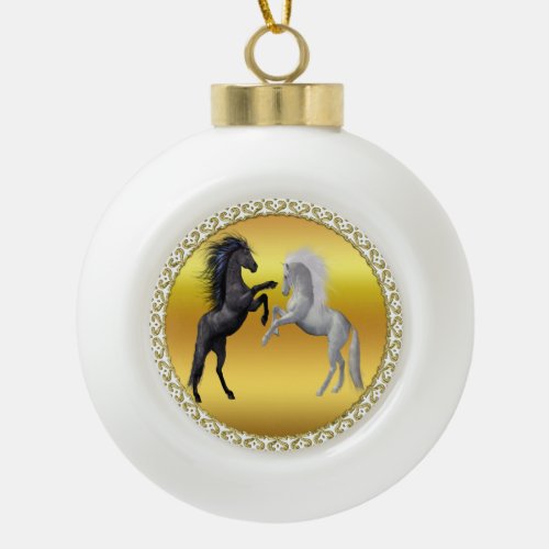 Black and a white Horse that are fighting Ceramic Ball Christmas Ornament