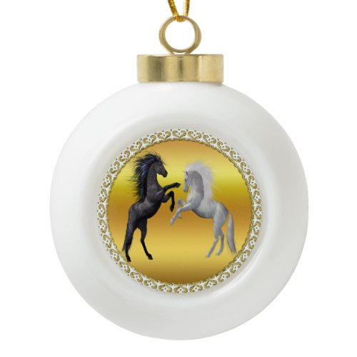 Black and a white Horse that are fighting Ceramic Ball Christmas Ornament