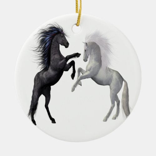 Black and a white Horse that are fighting Ceramic Ornament