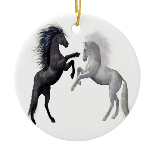 Black and a white Horse that are fighting Ceramic Ornament