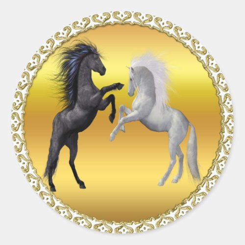 Black and a white Horse that are fighting Classic Round Sticker