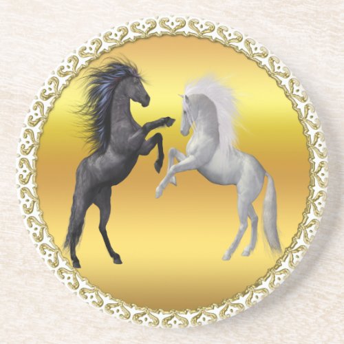 Black and a white Horse that are fighting Drink Coaster