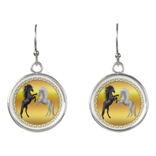 Black and a white Horse that are fighting Earrings