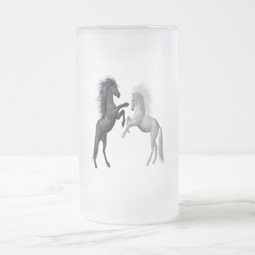 Black and a white Horse that are fighting Frosted Glass Beer Mug