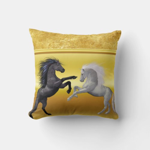 Black and a white Horse that are fighting gold Throw Pillow